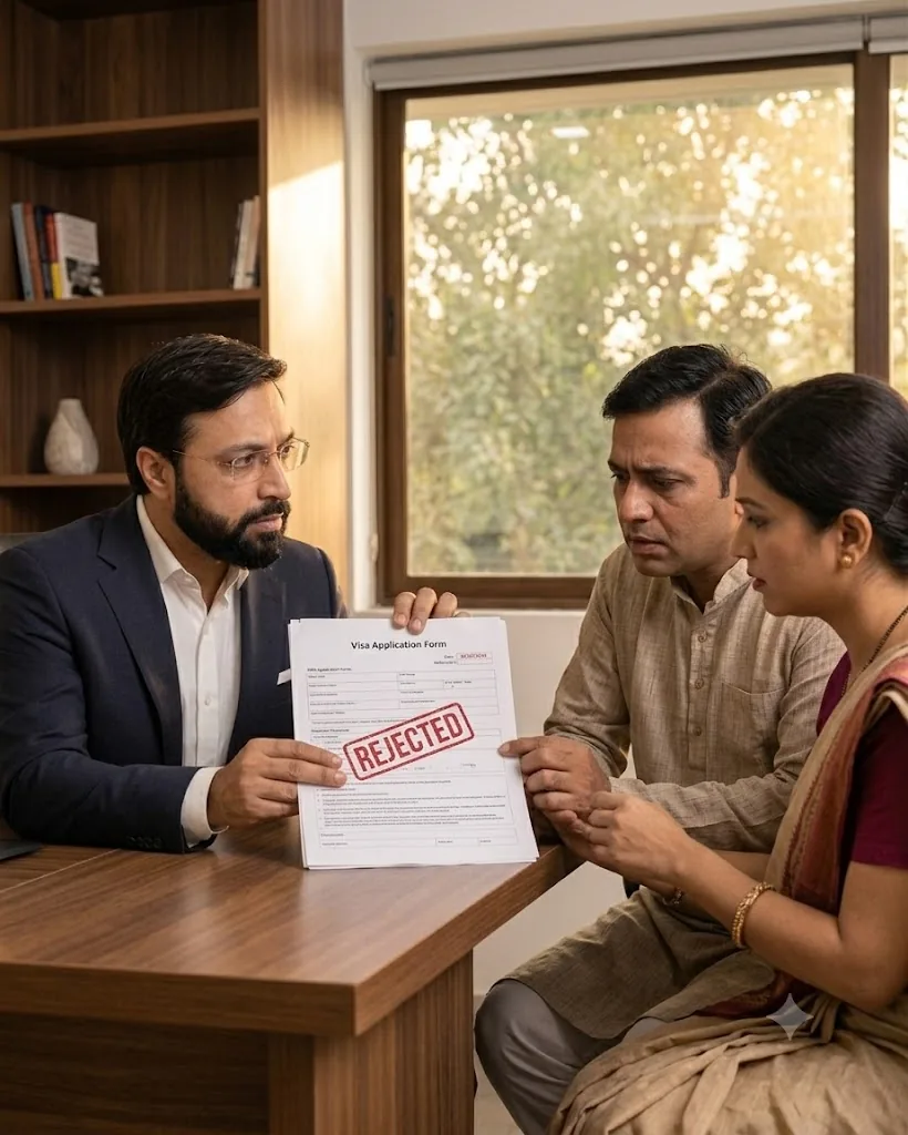 Reviewing a rejected visa application form during a case strategy session